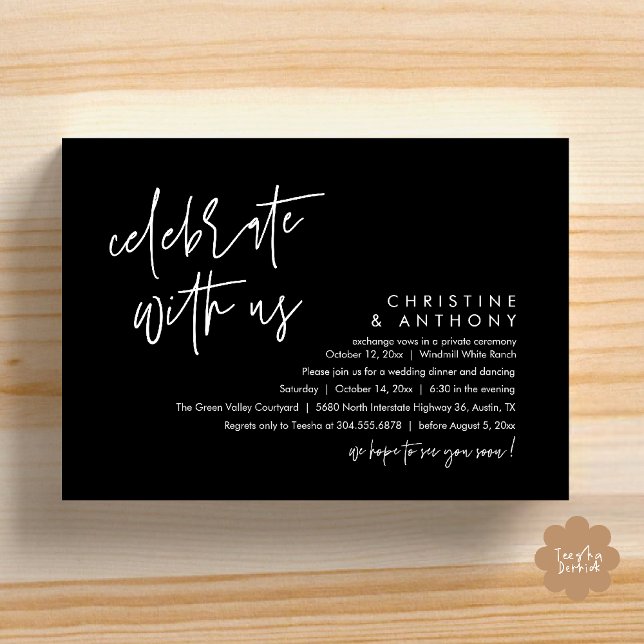 Convite Modern Minimalist Wedding Reception Dinner (Modern Minimalist Wedding Reception Dinner Invitation Card, Celebrate with us, in Black and white)