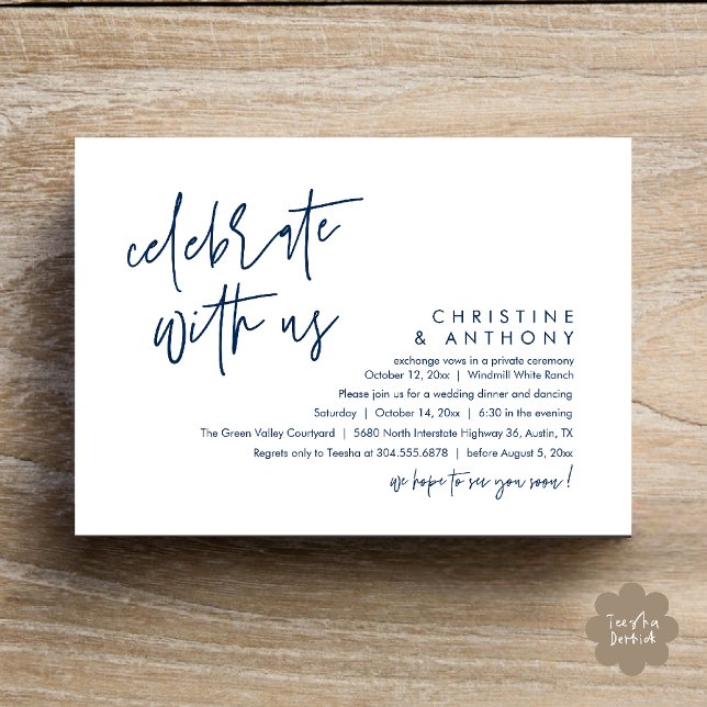 Convite Modern Minimalist Wedding Reception Dinner (Modern Minimalist Wedding Reception Dinner Invitation Card, Celebrate with us, in Navy Blue)