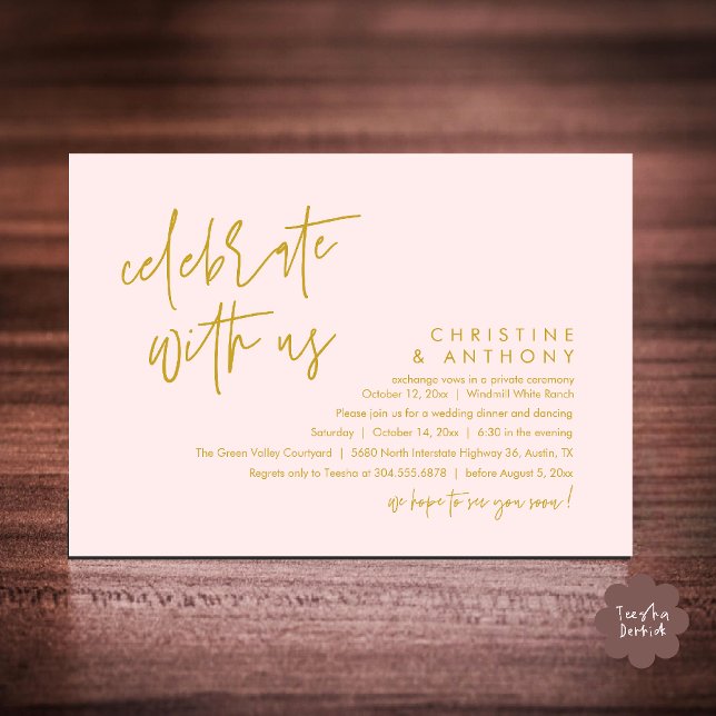 Convite Modern Minimalist Wedding Reception Dinner (Modern Minimalist Wedding Reception Dinner Invitation Card, Celebrate with us, in Yellow Gold Blush)