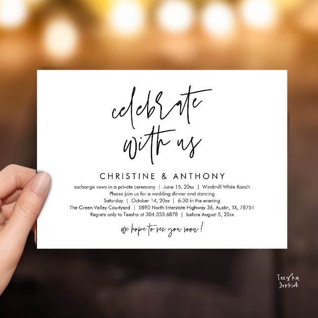 Convite Modern Minimalist Wedding Reception Dinner (Modern Minimalist Wedding Reception Dinner Invitation Card, Celebrate with us, in Black and White)