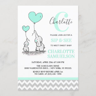 Convite Modern Mint Green Elephant SIP & SEE Baby Girl