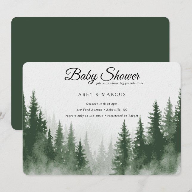 Convite Modern Mountain Forest Adventure Green Baby Shower (Frente/Verso)