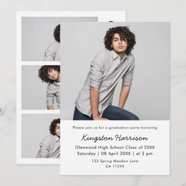 Convite Modern Multi Photo Boy Graduation Invitation (Frente/Verso)