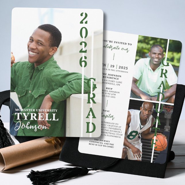 Convite Modern Multi Photo Graduation Class of 2026 (Modern multi photo graduation announcement with vertical 2026 graduate design and custom details.)