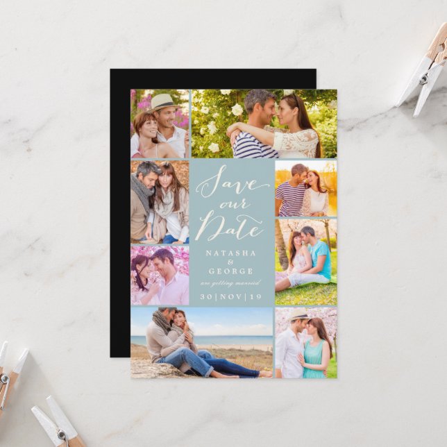 Convite Modern Na moda Script 8 Multi Photo Salve A Data (Frente/Verso In Situ)