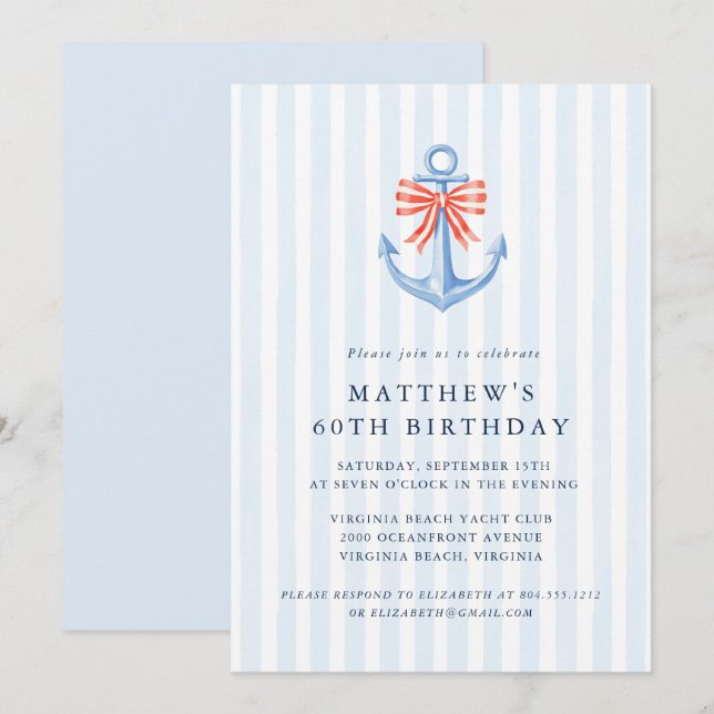 Convite Modern Nautical Coastal Anchor Birthday Party  (Frente/Verso)