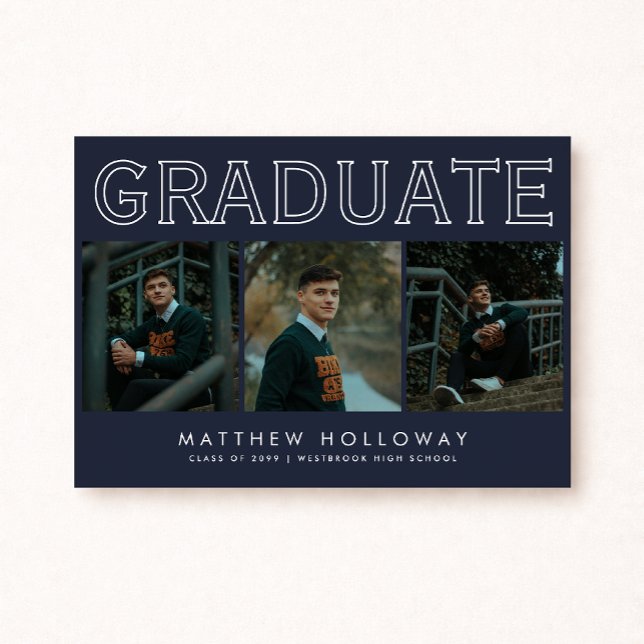 Convite Modern Navy 3 Photo Graduation Announcement  (Criador carregado)
