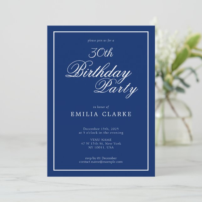 Convite Modern Navy Birthday Party Invitations for Adults (Em pé/Frente)