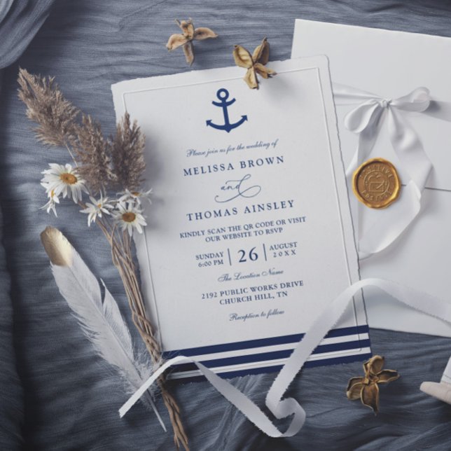 Convite Modern Navy Blue Anchor Nautical QR Code Wedding (Criador carregado)