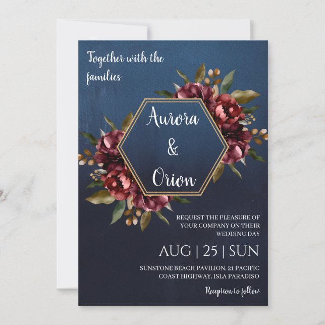 Convite modern navy blue and burgundy wedding invitations (Frente)