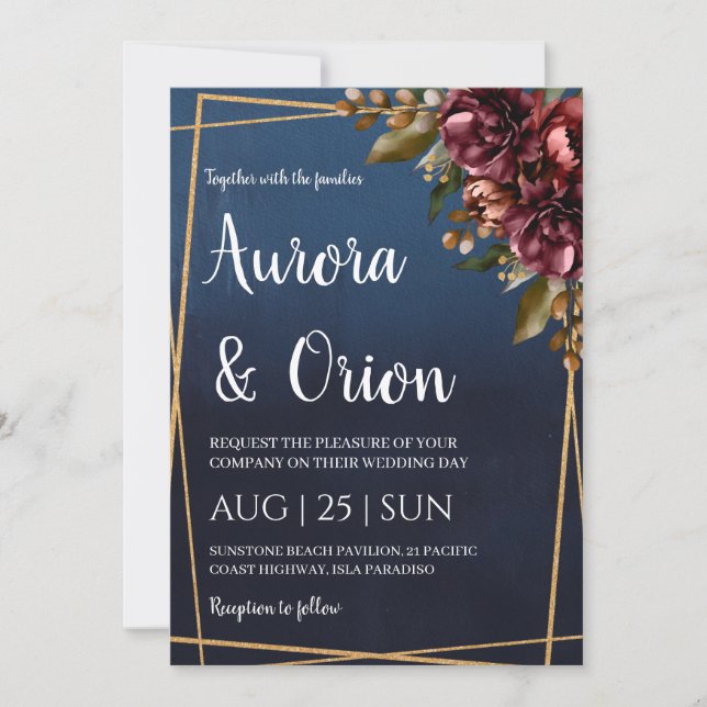 Convite modern navy blue and burgundy wedding invitations (Frente)