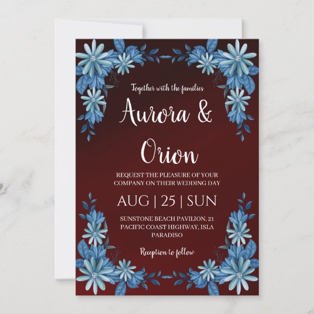 Convite modern navy blue and burgundy wedding invitations (Frente)