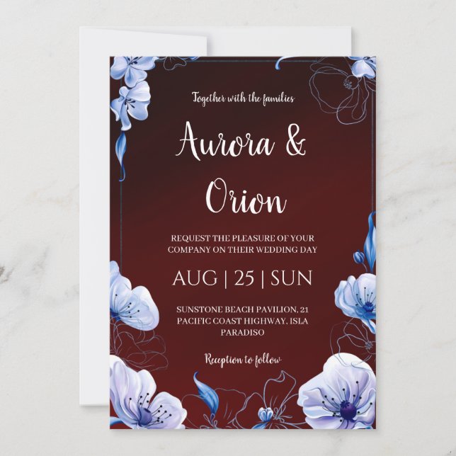 Convite modern navy blue and burgundy wedding invitations (Frente)