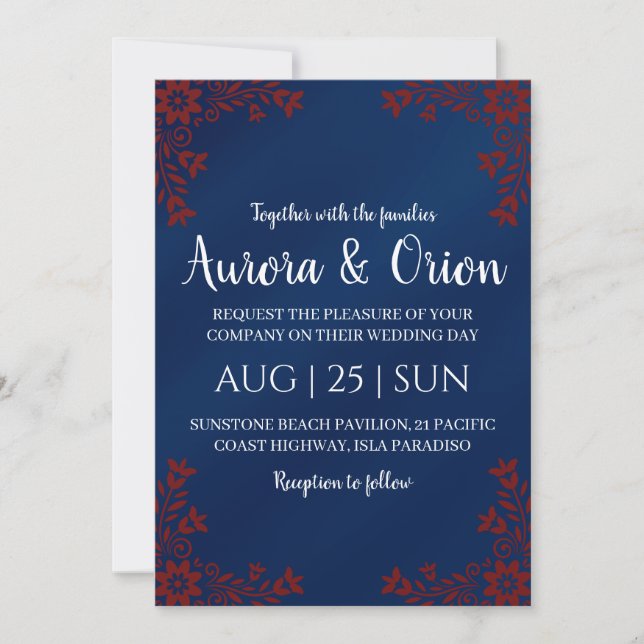 Convite modern navy blue and burgundy wedding invitations (Frente)