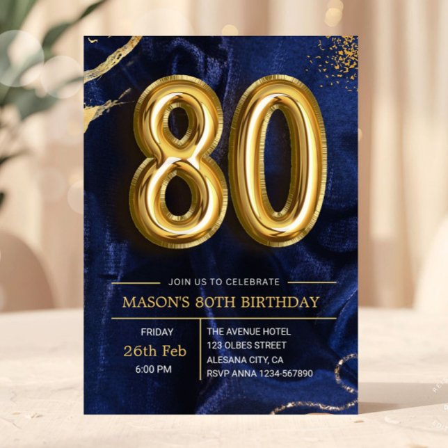 Convite Modern Navy Blue and Gold 80th Birthday Invitation (milestone bday bash invite, women or male man birthday, elegant modern golden invite, gold glitter d)