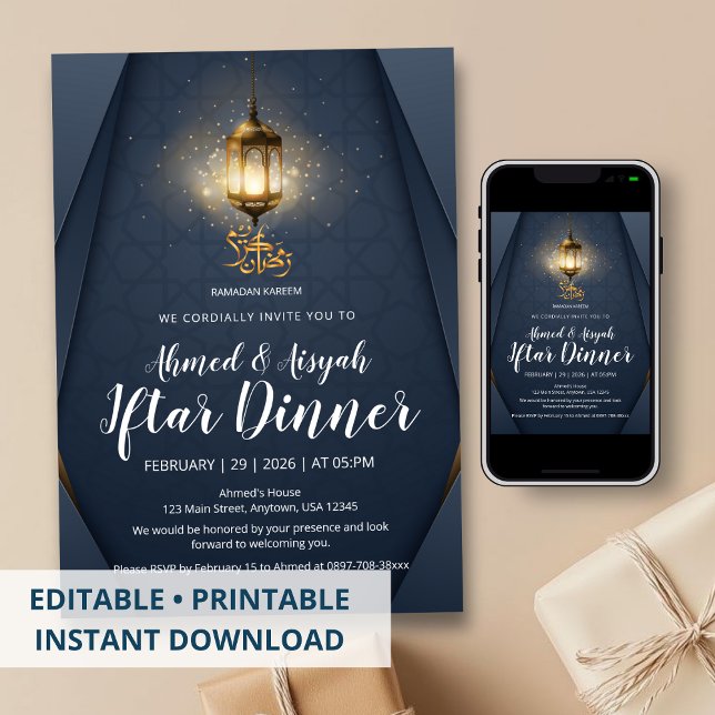 Convite Modern Navy Blue and Gold Glowing Lantern Iftar (Criador carregado)