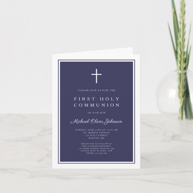 Convite Modern Navy Blue Cross Boy First Holy Communion (Frente)