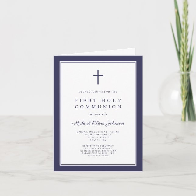 Convite Modern Navy Blue Cross Boy First Holy Communion (Frente)