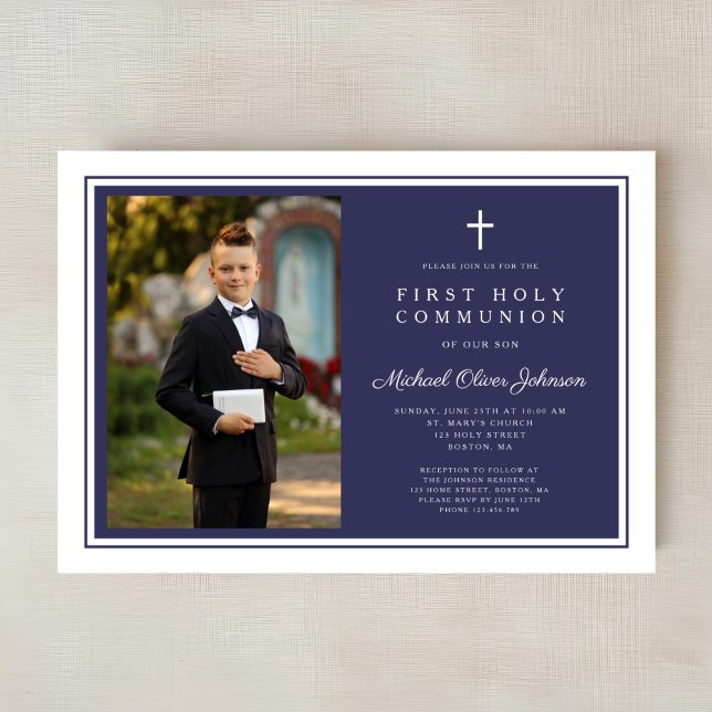 Convite Modern Navy Blue Cross Boy Photo First Communion (Modern Navy Blue Cross Boy Photo First Communion Invitation)