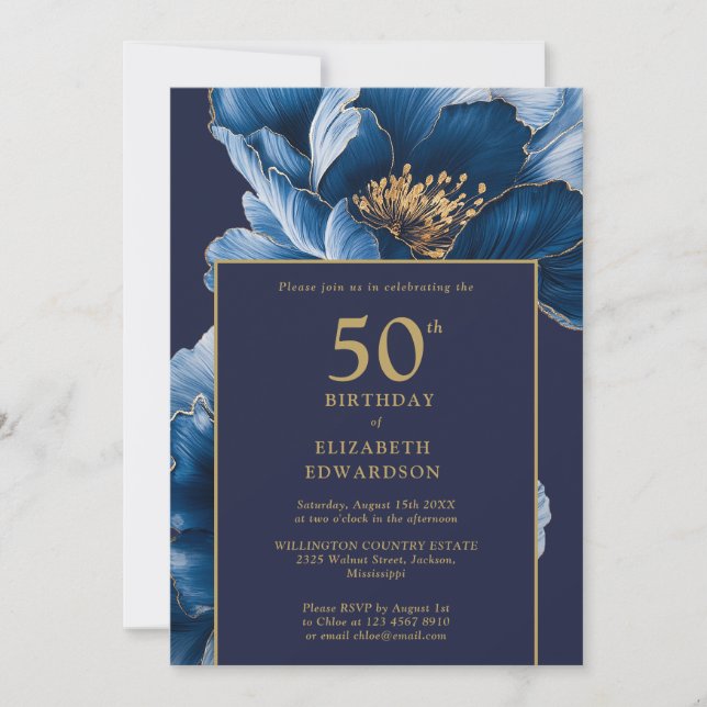 Convite Modern Navy Blue Floral Elegant Birthday (Frente)