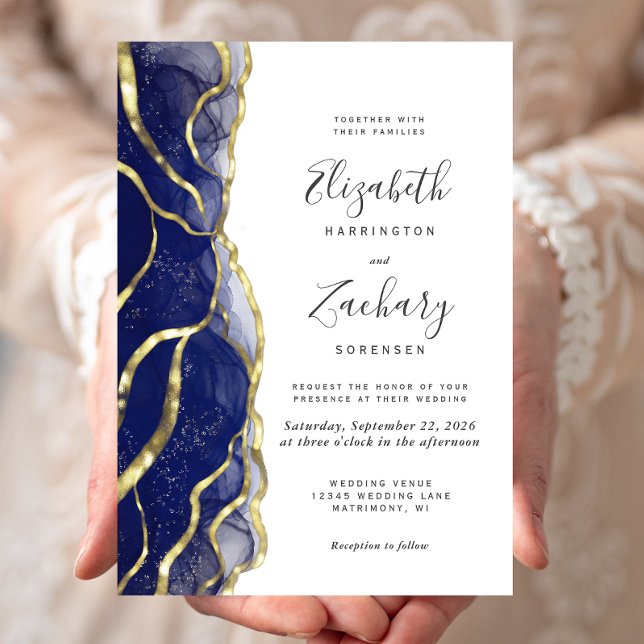 Convite Modern Navy Blue Gold Ink Wedding Invitation (Criador carregado)