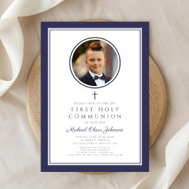 Convite Modern Navy Blue Photo Boy First Communion