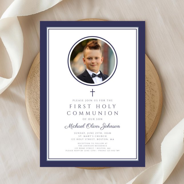 Convite Modern Navy Blue Photo Boy First Communion (Modern Navy Blue Photo Boy First Communion Invitation)