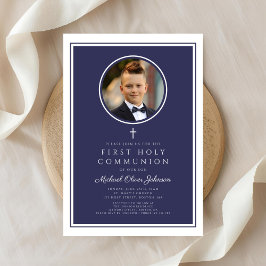 Convite Modern Navy Blue Photo Boy First Communion