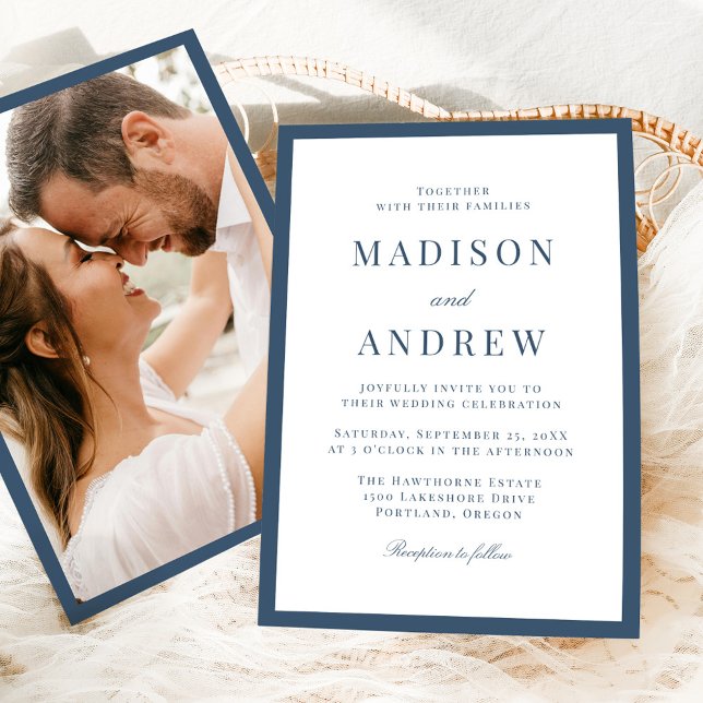 Convite Modern Navy Border Photo Wedding (Criador carregado)