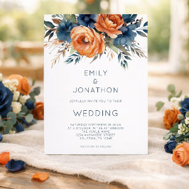 Convite Modern Navy Burnt Orange Florals QR Code Wedding
