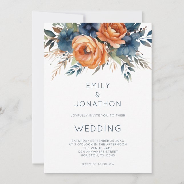 Convite Modern Navy Burnt Orange Florals QR Code Wedding (Frente)