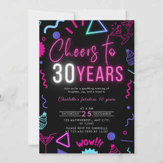 Convite Modern Neon Cheers to 30 Anos aniversário de 30 an
