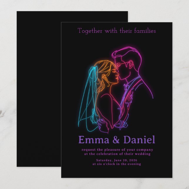 Convite Modern Neon Line Art Couple Wedding Invitation (Frente/Verso)
