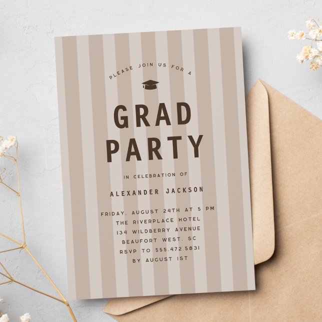 Convite Modern Neutral Sporty Stripes Graduation Party (Criador carregado)