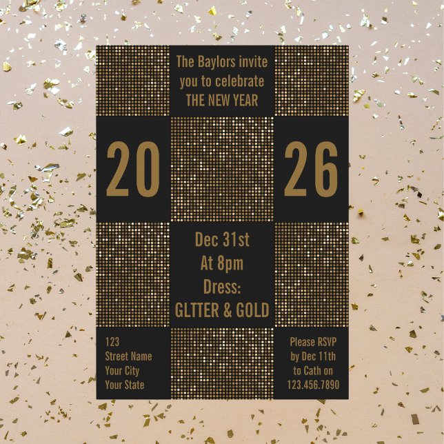 Convite Modern New Year Black & Gold Glitter Holiday Party (Criador carregado)