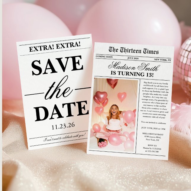 Convite Modern Newspaper Photo 13th Birthday (Criador carregado)