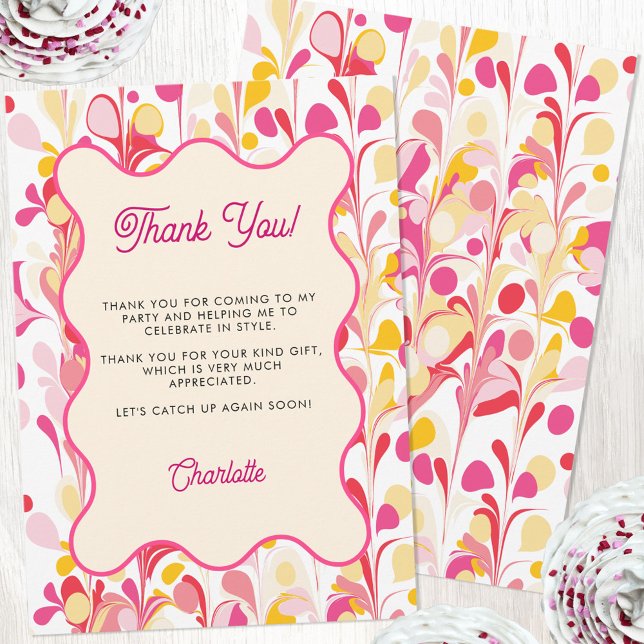 Convite Modern Obrigado Retro Abstrato Pink (Modern abstract groovy wavy pink yellow personalized thank you card with custom text)