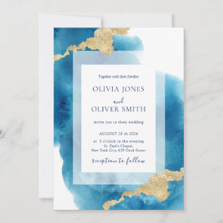 Convite Modern Ocean Inspired Blue Watercolor Gold Splash
