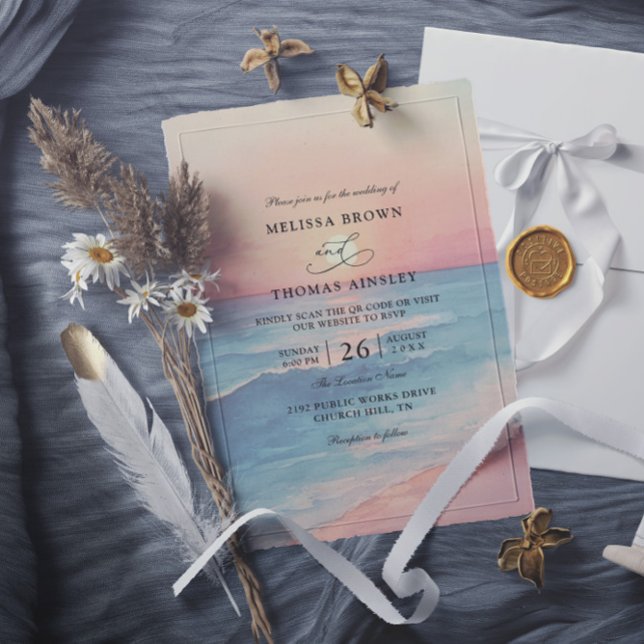 Convite Modern Ocean Sunset Budget QR Code Wedding (Criador carregado)