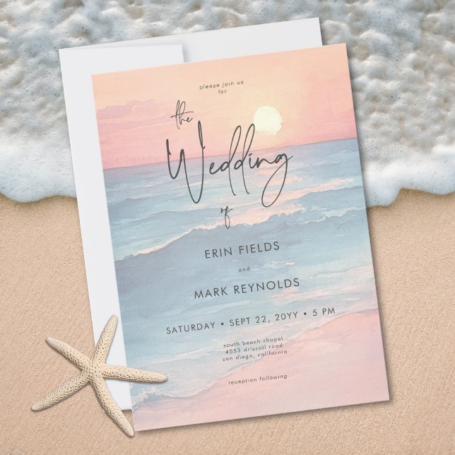 Convite Modern Ocean Sunset Watercolor Beach Wedding (Modern Ocean Sunset Watercolor Beach Wedding Invitation)