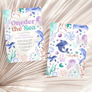 Convite Modern Oneder the Sea Dolphin Retro First Birday
