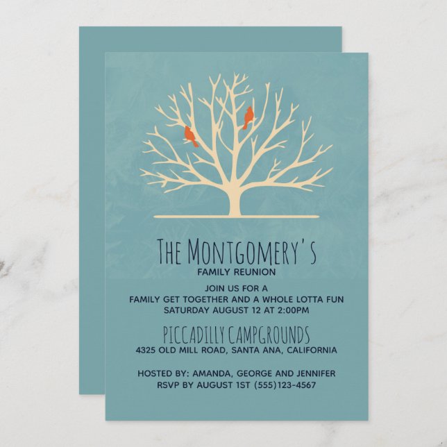 Convite Modern Orange Birds em uma Grande Reunião Familiar (Frente/Verso)