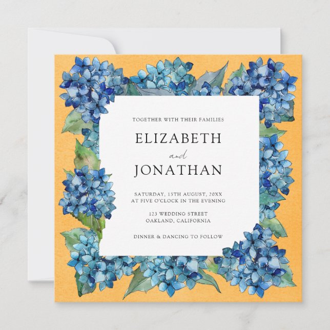 Convite Modern Orange Blue Hydrangeas Watercolor Wedding (Frente)