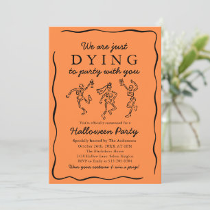 Convite Modern Orange Hand Drake Skeletons Festa de Hallow