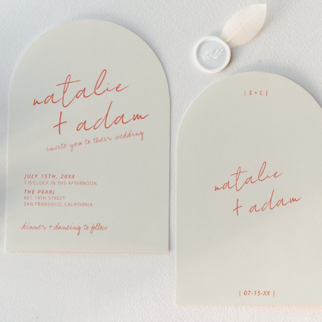 Convite Modern Orange Retro Fun Whimsical Arched Wedding (Criador carregado)