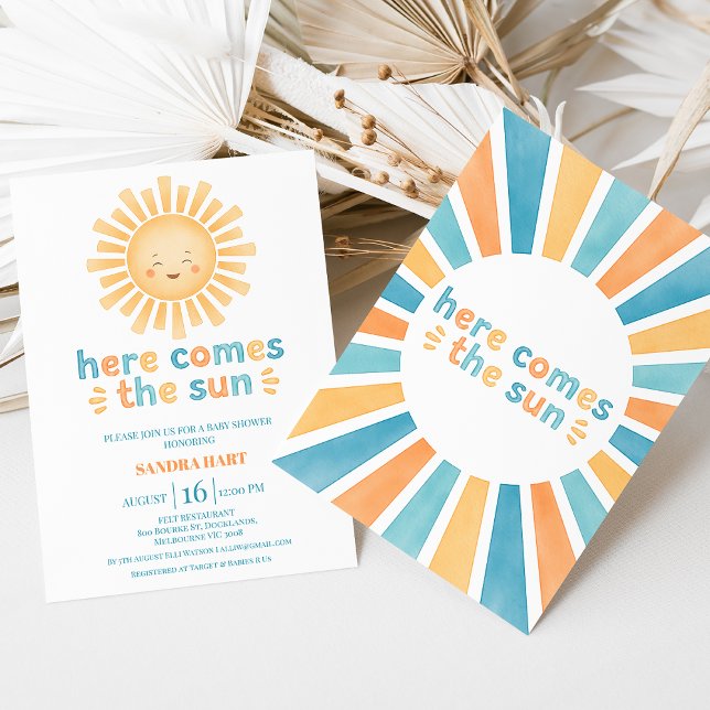 Convite Modern Orange Teal Aqui Vem O Filho Chá de fraldas (Here Come The Son Baby Shower Invitation Template, Modern Retro, Sun Themed Baby Shower invitation)