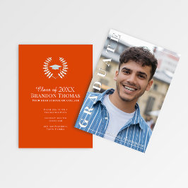 Convite Modern Orange Vertical Name Graduation Photo Card