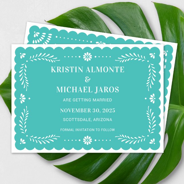 Convite Modern Papel Picado Salve A Data (Modern Papel Picado Save The Date in Turquoise)