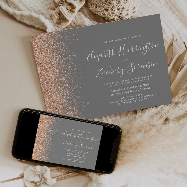Convite Modern Peach Glitter Gray Wedding (Criador carregado)