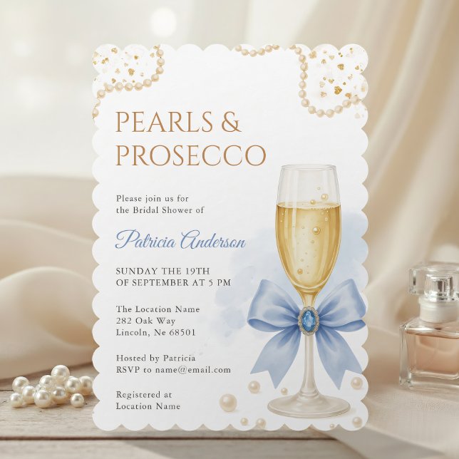 Convite Modern Pearls & Prosecco Bridal Shower Invitation (Criador carregado)